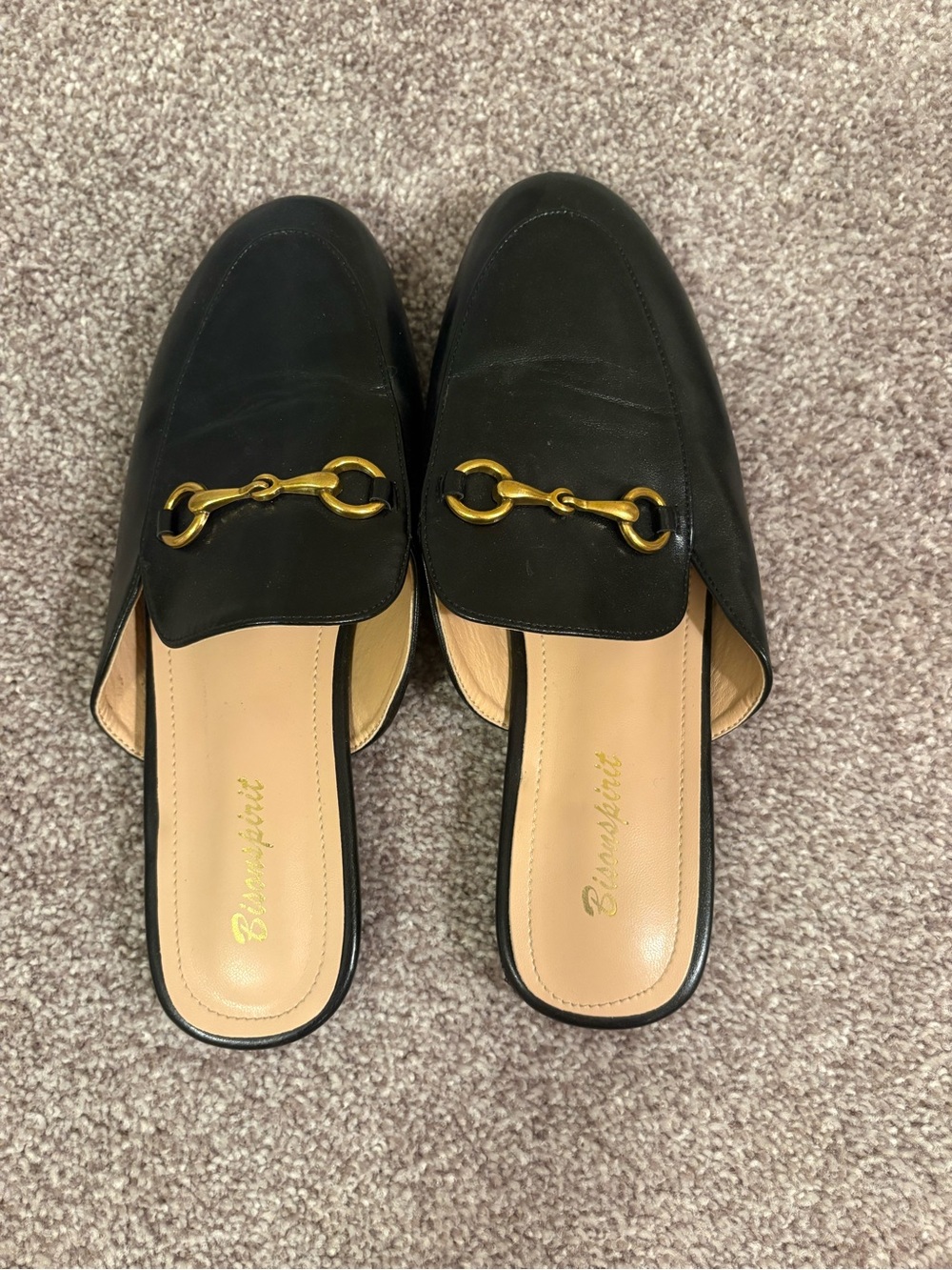 Bumper Black Slip-On Mules with Gold Horsebit Accent